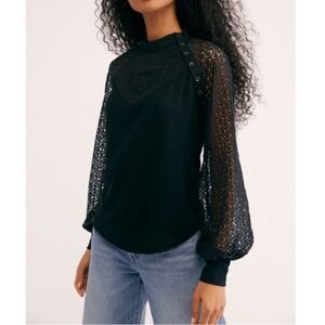 Free People Navy Lace Sleeve Blouse
